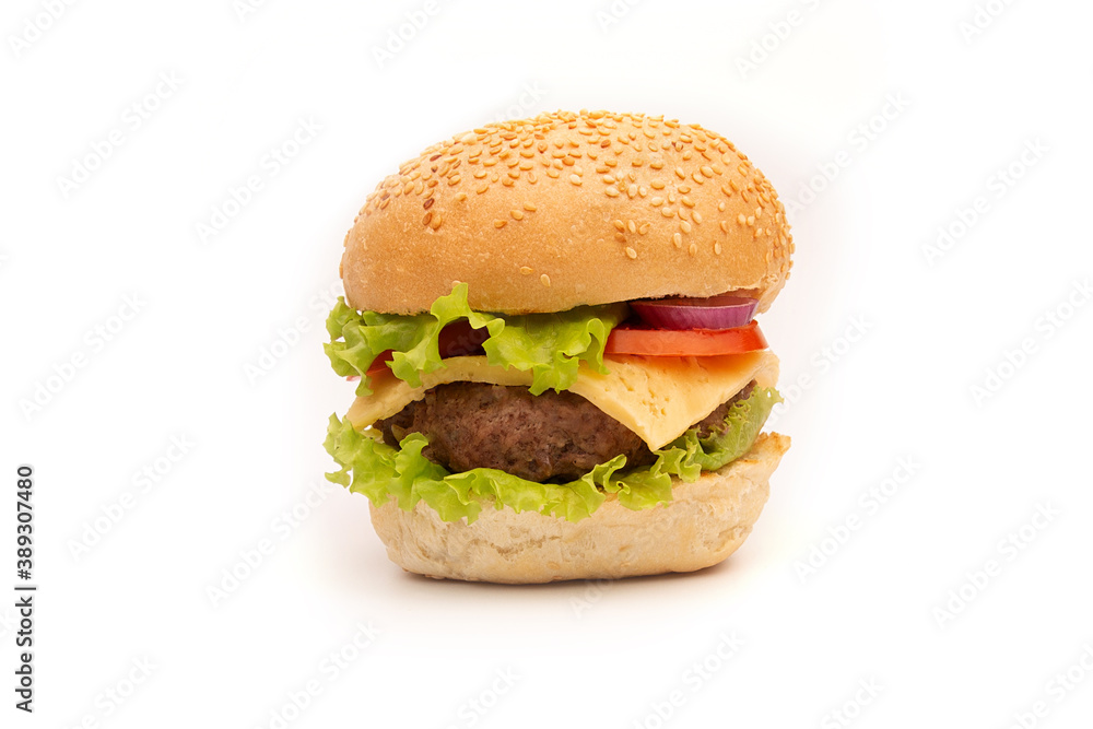 Fresh tasty burger isolated on white background Fresh tasty burger isolated on white background