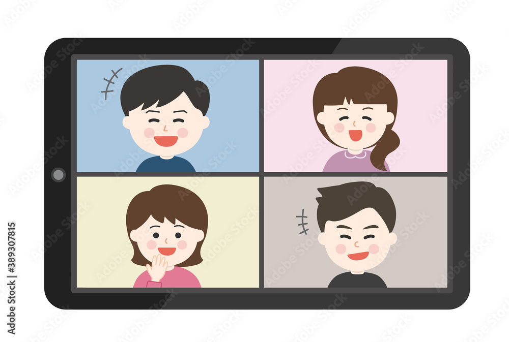 Young people laughing a lot having an online party on smartphone or tablet. Vector illustration isolated on white background. Young people laughing a lot having an online party on smartphone or tablet. Vector illustration isolated on white background.