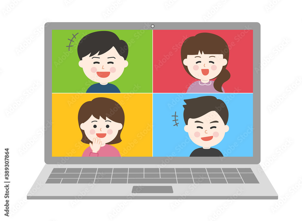 Young people laughing a lot having an online party on laptop. Vector illustration isolated on white background. Young people laughing a lot having an online party on laptop. Vector illustration isolated on white background.