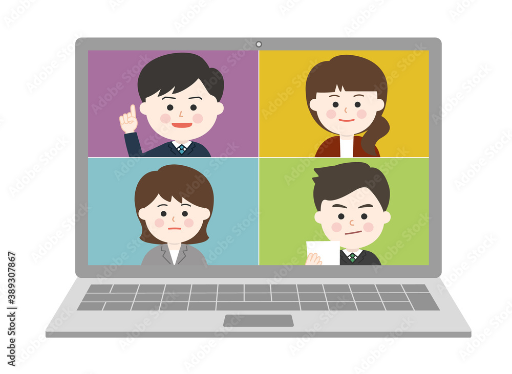 People working from home having an online meeting on laptop. Vector illustration isolated on white background. People working from home having an online meeting on laptop. Vector illustration isolated on white background.