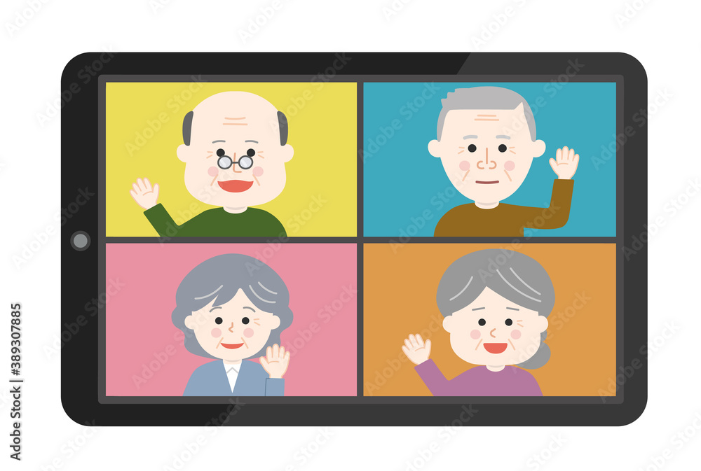 Elderly people waving their hand an online meeting on tablet or smartphone. Vector illustration isolated on white background. Elderly people waving their hand an online meeting on tablet or smartphone. Vector illustration isolated on white background.