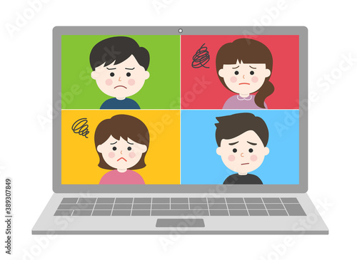Young people getting stressed from an online party on laptop. Vector illustration isolated on white background.