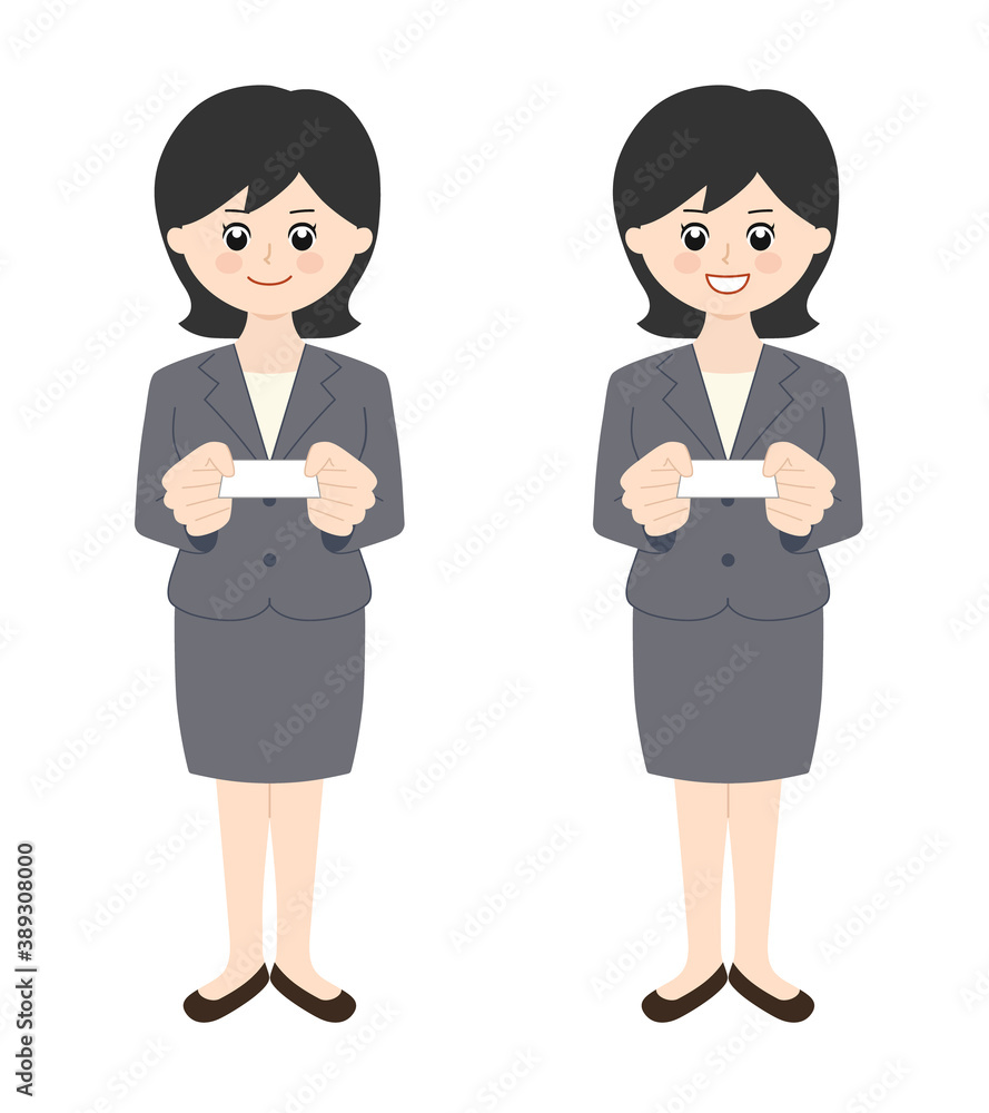 Business woman wearing a skirt with black hair handing over a business card. Vector illustration isolated on white background. Business woman wearing a skirt with black hair handing over a business card. Vector illustration isolated on white background.