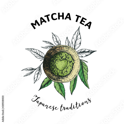 Vector illustration of a label of matcha tea powder with a top view cup and tea leaves for a traditional ceremony. Flyer, label or packaging design