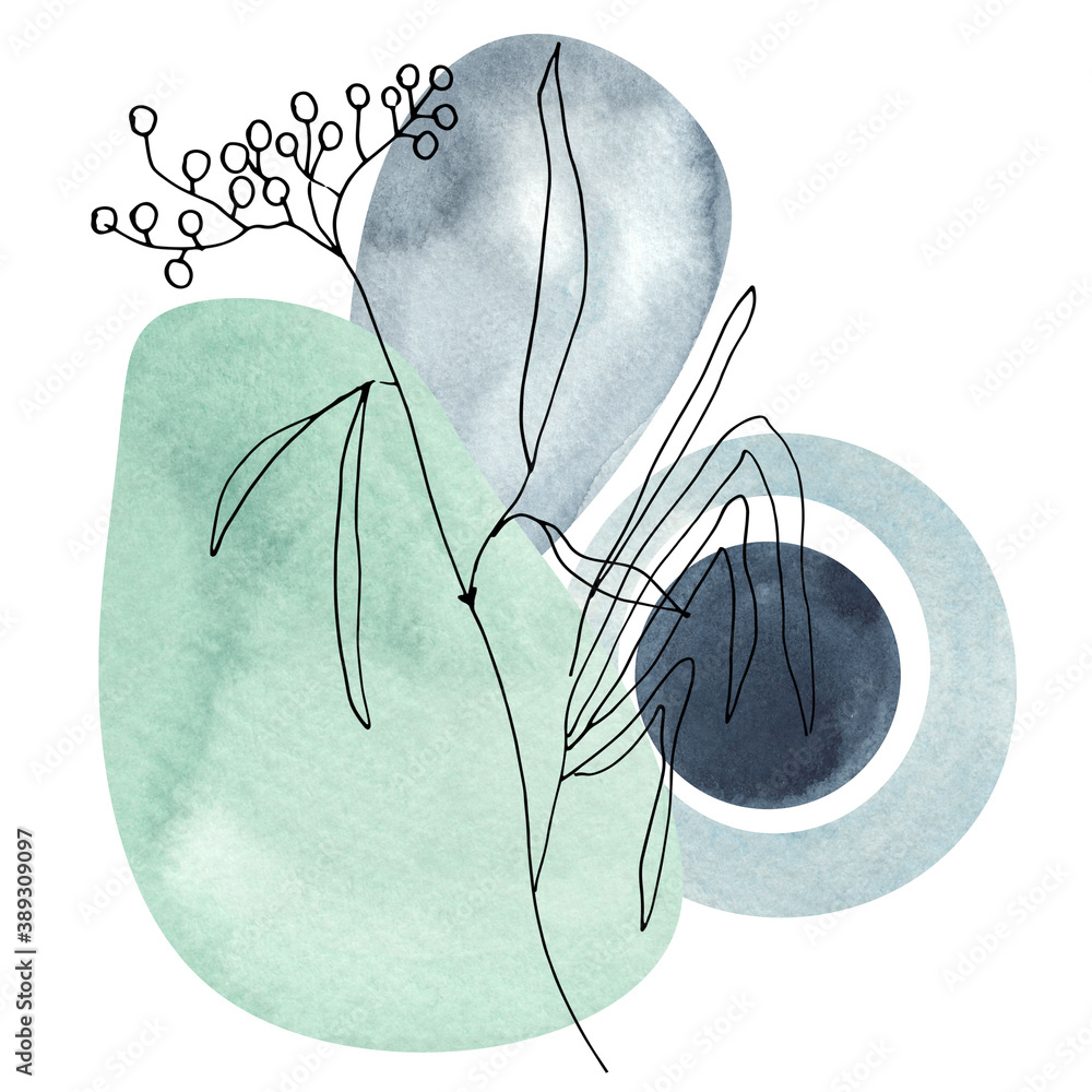 Fototapeta Winter Botanical Line Abstract Art. Hand painted composition with abstract watercolor shapes, splashes, textures, Christmas decor, Line elements.