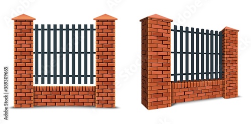 Fototapeta Naklejka Na Ścianę i Meble -  3d realistic vector set of red brick fence, isolated on white background.