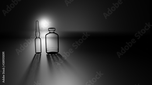 Glass vial and ampule on a table with back light (3D Rendering)