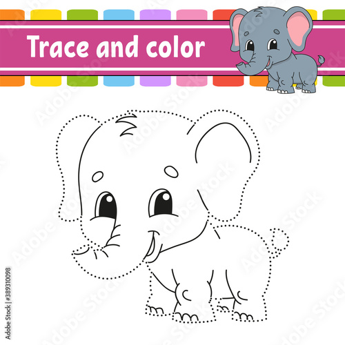 Trace and color. Coloring page for kids. Handwriting practice. Education developing worksheet. Activity page. Game for toddlers. Isolated vector illustration. Cartoon style.