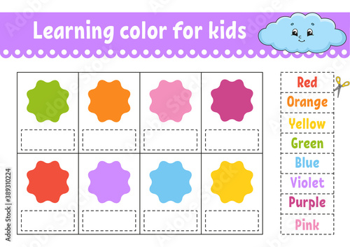 Learning color for kids. Education developing worksheet. Activity page with color pictures. Riddle for children. Isolated vector illustration. Funny character. Cartoon style.
