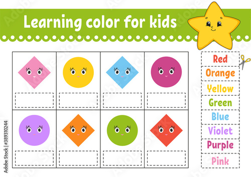 Learning color for kids. Education developing worksheet. Activity page with color pictures. Riddle for children. Isolated vector illustration. Funny character. Cartoon style.