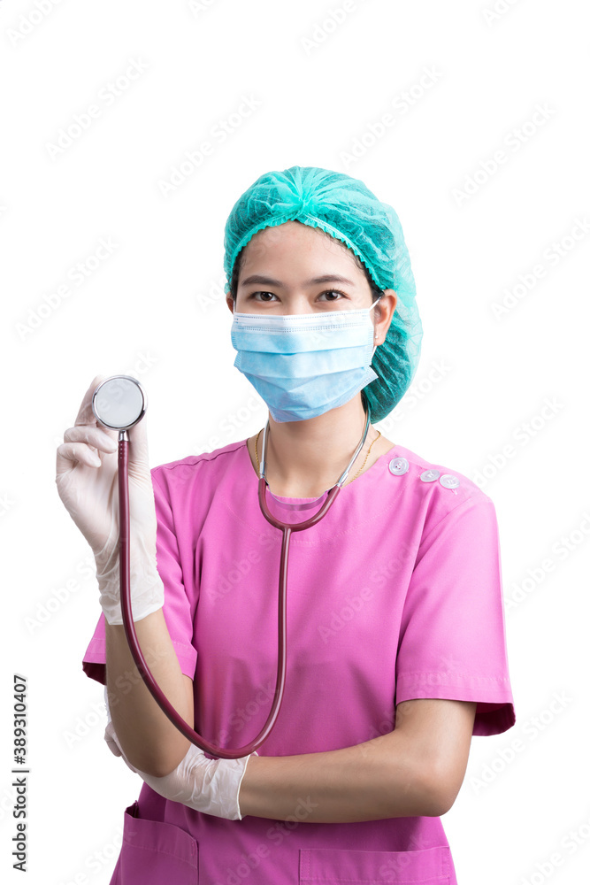 Portrait of Medical physician doctor or nurse uniform wearing surgical mask stand isolated on white background, mature female medical nurse or practitioner with stethoscope Portrait of Medical physician doctor or nurse uniform wearing surgical mask stand isolated on white background, mature female medical nurse or practitioner with stethoscope