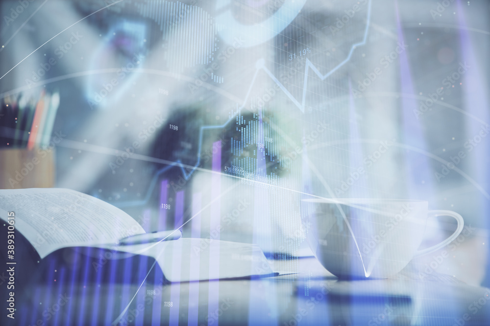 Multi exposure of forex graph drawing and desktop with coffee and items on table background. Concept of financial market trading Multi exposure of forex graph drawing and desktop with coffee and items on table background. Concept of financial market trading
