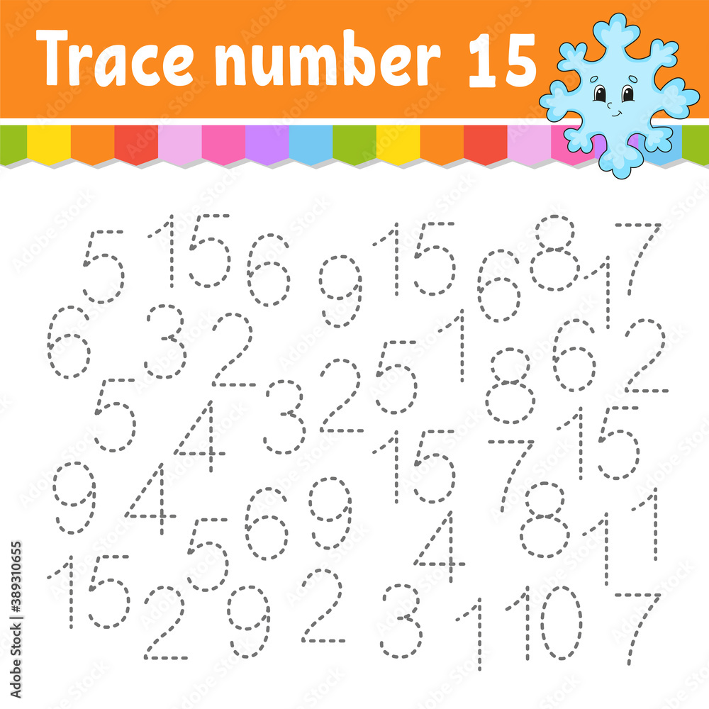 Trace number . Handwriting practice. Learning numbers for kids. Education developing worksheet. Activity page. Game for toddlers and preschoolers. Isolated vector illustration in cute cartoon style.