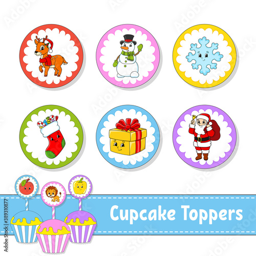 Cupcake Toppers. Set of six round pictures. Christmas theme. Cartoon characters. Cute image. For birhday, party, baby shower.