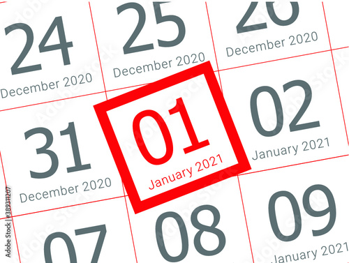 Close up of first day of the year 2021 on diary calendar, simple and clean design vector. 
