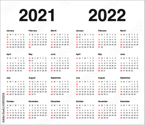 Year 2021 2022 calendar vector design template, simple and clean design