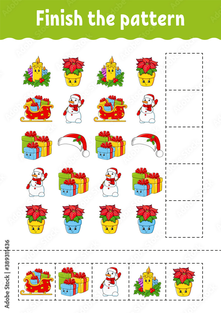 Finish the pattern. Cut and play. Christmas theme. Education developing worksheet. Activity page. Cartoon character. Finish the pattern. Cut and play. Christmas theme. Education developing worksheet. Activity page. Cartoon character.