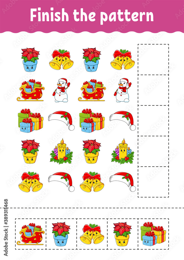 Finish the pattern. Cut and play. Christmas theme. Education developing worksheet. Activity page. Cartoon character. Finish the pattern. Cut and play. Christmas theme. Education developing worksheet. Activity page. Cartoon character.