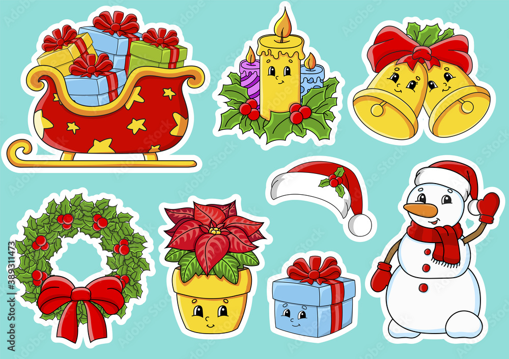 Set of stickers with cute cartoon characters. Christmas theme. Hand drawn. Colorful pack. Vector illustration. Patch badges collection. Label design elements. For daily planner, diary, organizer. Set of stickers with cute cartoon characters. Christmas theme. Hand drawn. Colorful pack. Vector illustration. Patch badges collection. Label design elements. For daily planner, diary, organizer.
