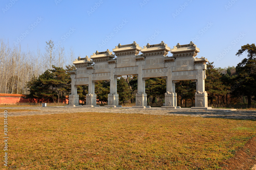 Architectural landscape of royal mausoleum stone archway in Qing Dynasty, Yi County, Hebei Province, China