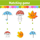 Matching game for kids. Education developing worksheet. Draw a line. Activity page. Cartoon character. Autumn theme.