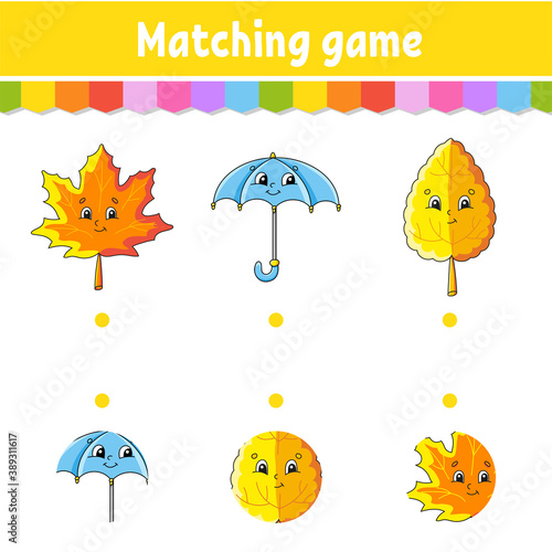 Matching game for kids. Education developing worksheet. Draw a line. Activity page. Cartoon character. Autumn theme.