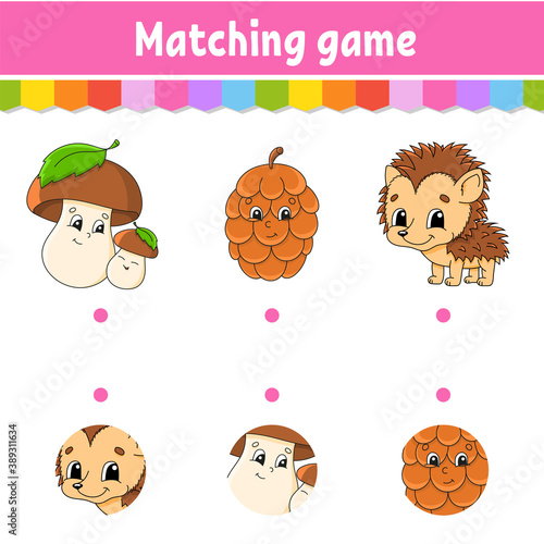 Matching game for kids. Education developing worksheet. Draw a line. Activity page. Cartoon character. Autumn theme.