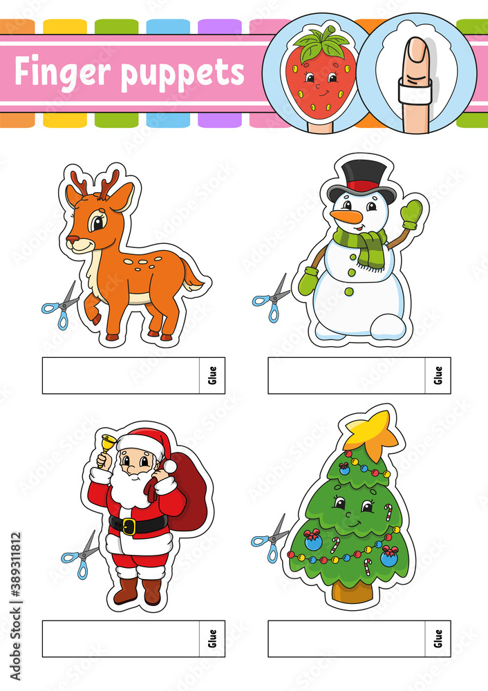 Fototapeta premium Finger puppets. Activity Game for kids. Cute characters. Cartoon style. Christmas theme. Color vector illustration.