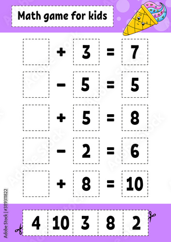 Math game for kids. Education developing worksheet. Activity page with pictures. Game for children. Color isolated vector illustration. Funny character. Cartoon style.