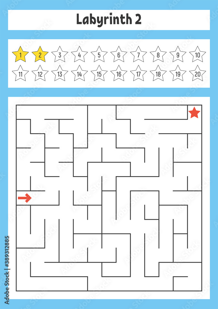 Square maze. Game for kids. Puzzle for children. Labyrinth conundrum. Color vector illustration. Find the right path. The development of logical and spatial thinking. Square maze. Game for kids. Puzzle for children. Labyrinth conundrum. Color vector illustration. Find the right path. The development of logical and spatial thinking.