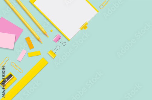 Creative, fashionable, minimalistic, school or office workspace. Flat lay. vector design EPS10.