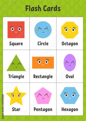 Flash cards. Learning shapes. Education developing worksheet. Activity page for kids. Color game for children. Vector illustration. Cartoon style.