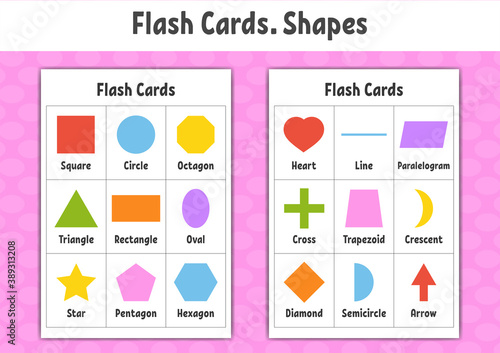Flash cards. Learning shapes. Education developing worksheet. Activity page for kids. Color game for children. Vector illustration. Cartoon style.