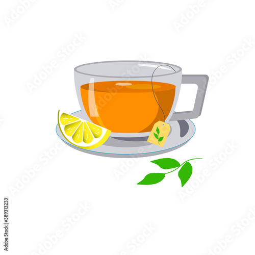 Glass cup with tea and lemon. International tea day template. For logos, decor, greetings and designs. Vector illustration isolated on white background. 