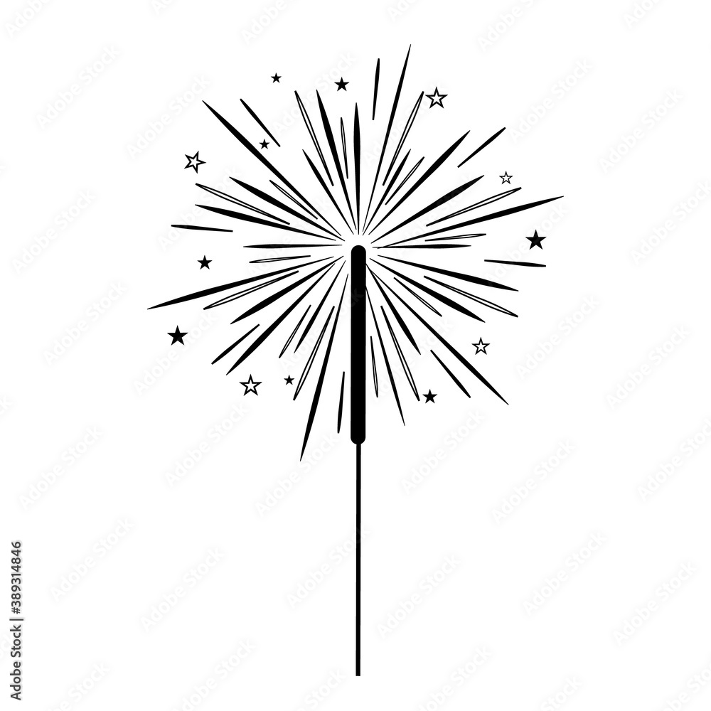 Holiday Sparkler, black outline white background, isolated, vector ...