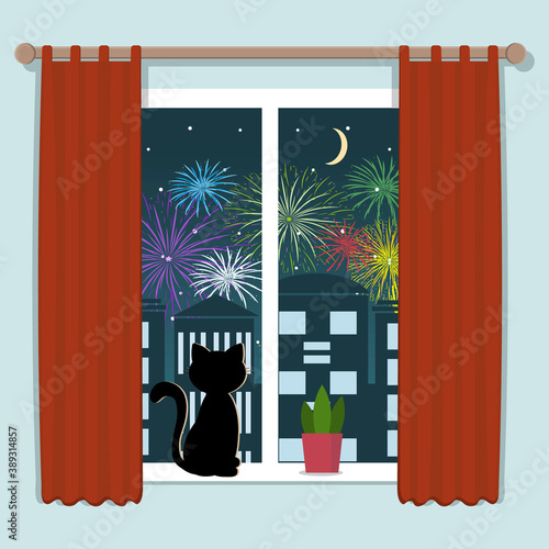 Black cat sitting on the windowsill and looking at the fireworks, Color vector illustration in the style of flat, clipart, poster, design, decoration