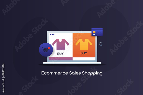 Buying online clothes , ecommerce shopping, cart sales on laptop screen. secure shopping online concept. Vector illustration.