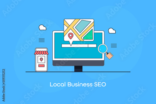 Local seo strategy, local business map optimization, local search marketing for desktop and mobile version. Flat design filled outline concept.
