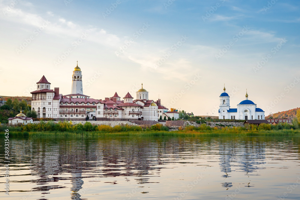 View of the Church of the Holy Theotokos of Kazan Monastery in the village of Vinnovka, on the banks of the river Volga, Samara region, Russia
