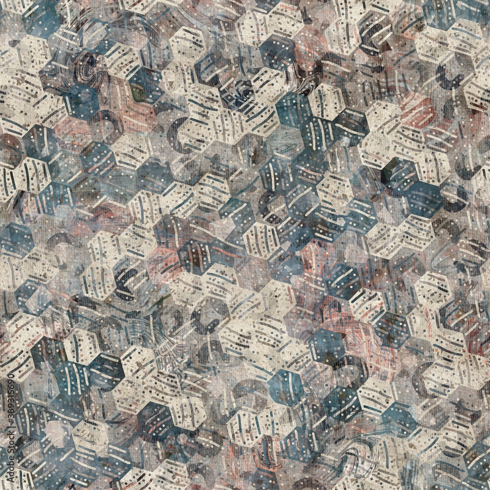 Naklejka premium Chic formal grungy geometric shapes texture seamless pattern. High quality illustration. Strange abstract geo design in a trendy posh exotic style. Grainy fabric texture overlay.