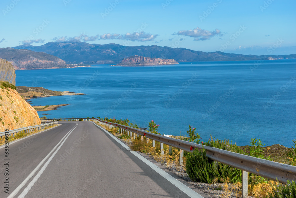 View of the road leading to the fortified medieval town of Monemvasia, Peloponesse, Greece View of the road leading to the fortified medieval town of Monemvasia, Peloponesse, Greece