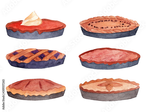 Thanksgiving pies watercolor illustration.  Food artworks. Bakery hand drawn elements. Autumn delicious dishes for holidays and celebrations. Pumpkin pie, apple pie, chocolate pie and berries pie. 