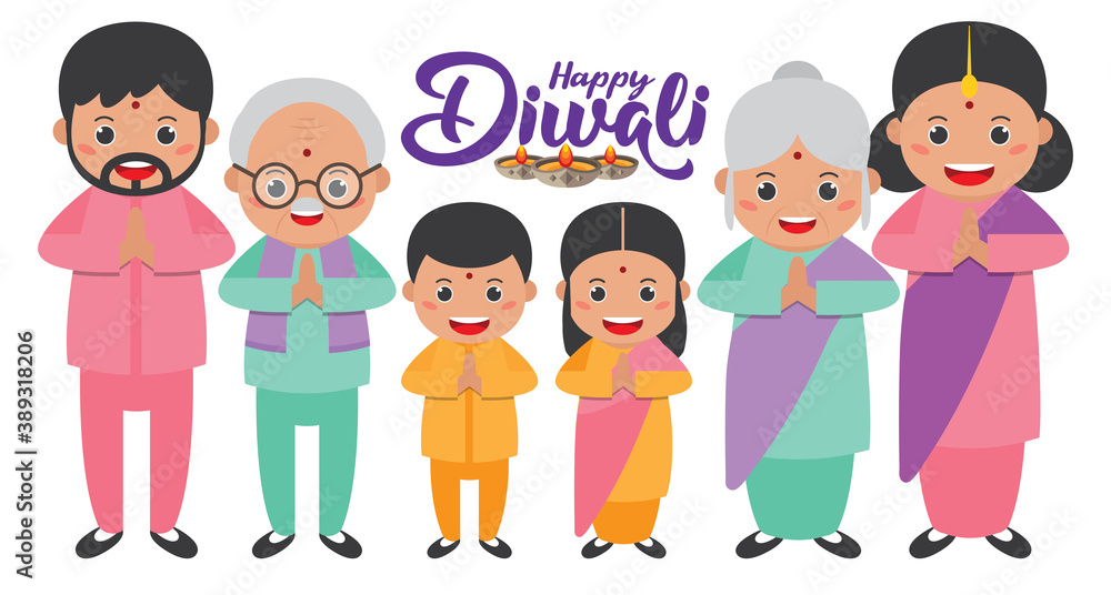 Diwali/Deepavali vector illustration with set of cute cartoon indian family on wishing pose. Diwali/Deepavali vector illustration with set of cute cartoon indian family on wishing pose.