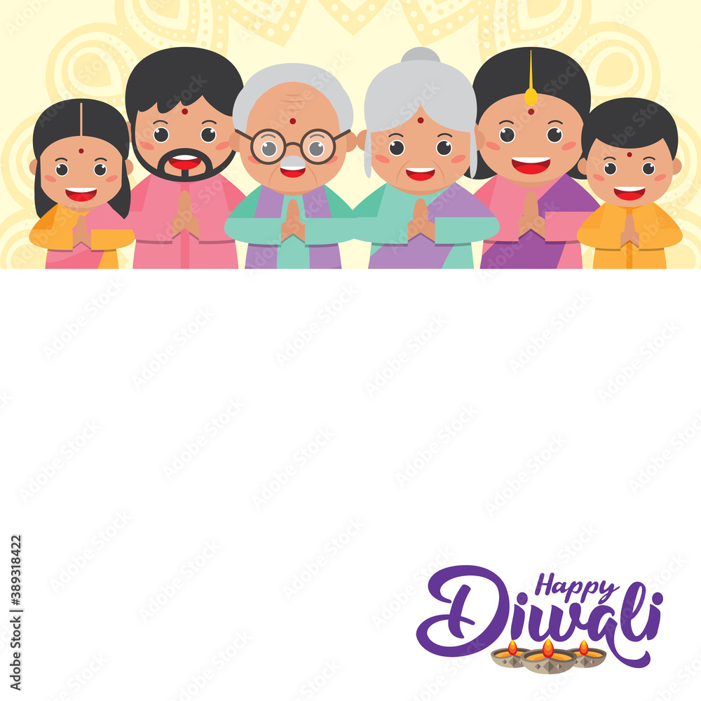 Diwali or deepavali - festival of lights message notes or copy space with cute cartoon Indian family in flat vector illustration. Diwali or deepavali - festival of lights message notes or copy space with cute cartoon Indian family in flat vector illustration.