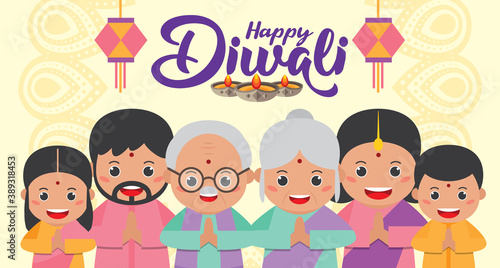Diwali or deepavali - festival of lights banner templates with cute cartoon Indian family in flat vector illustration.