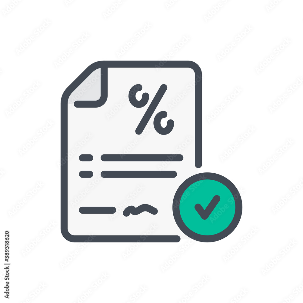 Loan agreement and Credit offer color line icon. Financial document with percentage and check mark vector outline colorful sign. Loan agreement and Credit offer color line icon. Financial document with percentage and check mark vector outline colorful sign.