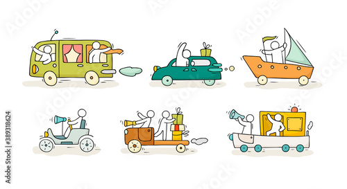 Sketch set with cute cars and people