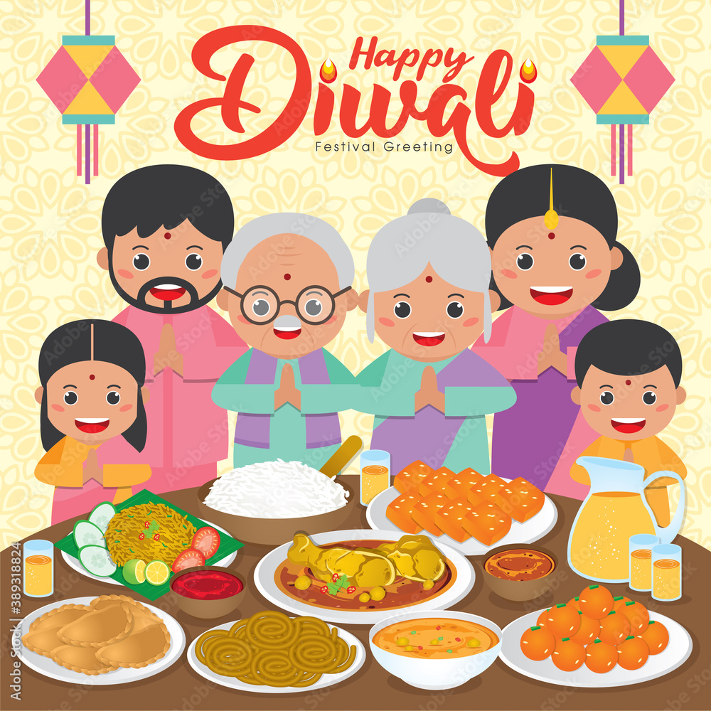 Diwali / Deepavali greeting card with Happy indian family reunion dinner to enjoy the traditional festival foods/ meal (Murukku, Ladoo / Laddu, Curry, Curry Puff, Halwa and Rice) Diwali / Deepavali greeting card with Happy indian family reunion dinner to enjoy the traditional festival foods/ meal (Murukku, Ladoo / Laddu, Curry, Curry Puff, Halwa and Rice)
