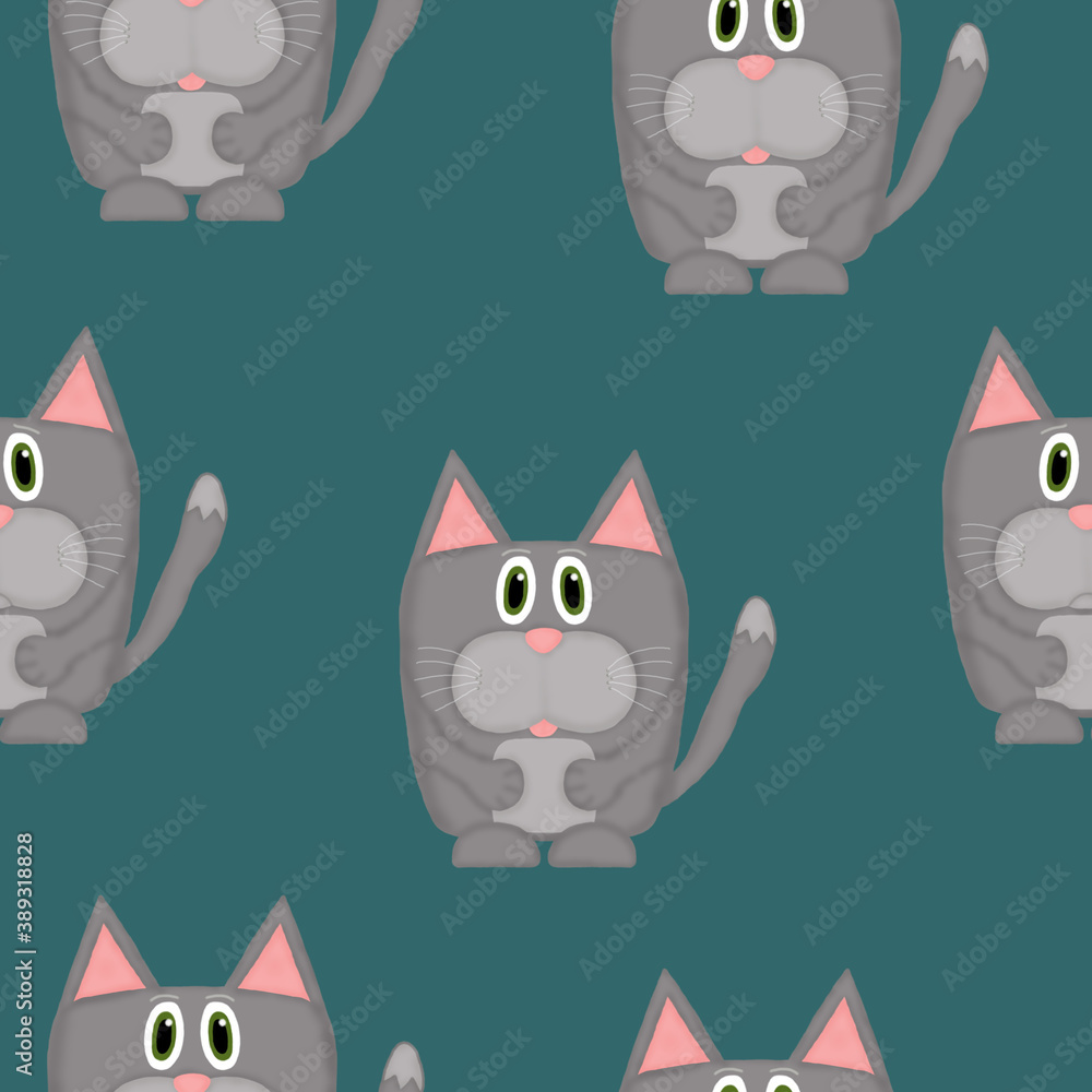 Fototapeta premium seamless pattern with emotional gray cats on an aqua background