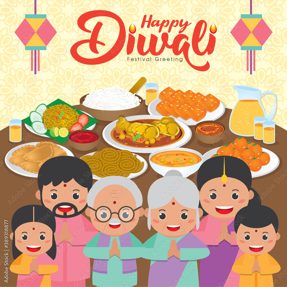 Diwali / Deepavali greeting card with Happy indian family reunion dinner to enjoy the traditional festival foods/ meal (Murukku, Ladoo / Laddu, Curry, Curry Puff, Halwa and Rice) Diwali / Deepavali greeting card with Happy indian family reunion dinner to enjoy the traditional festival foods/ meal (Murukku, Ladoo / Laddu, Curry, Curry Puff, Halwa and Rice)